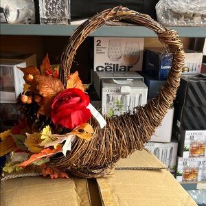 Wicker Cornucopia with Fall Floral Arrangement